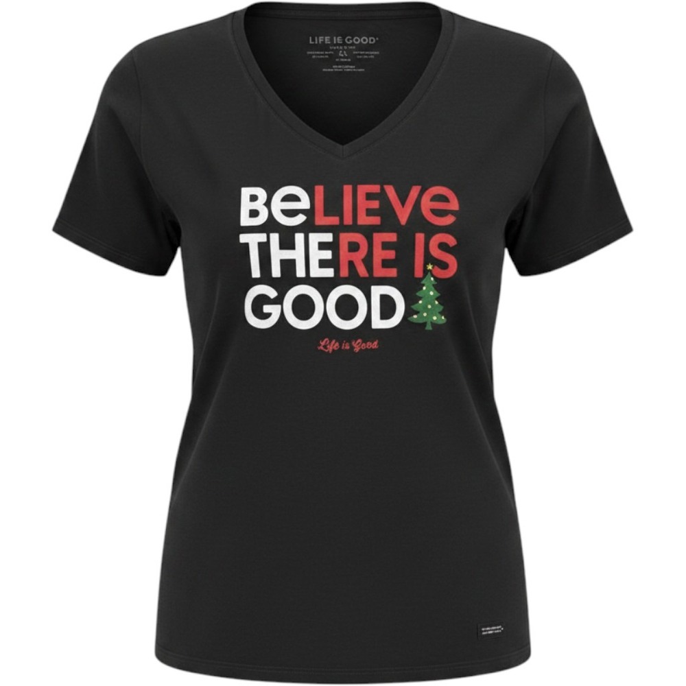 Life is Good Crusher Tee Womens XL Black Believe There is Good Christmas Holiday